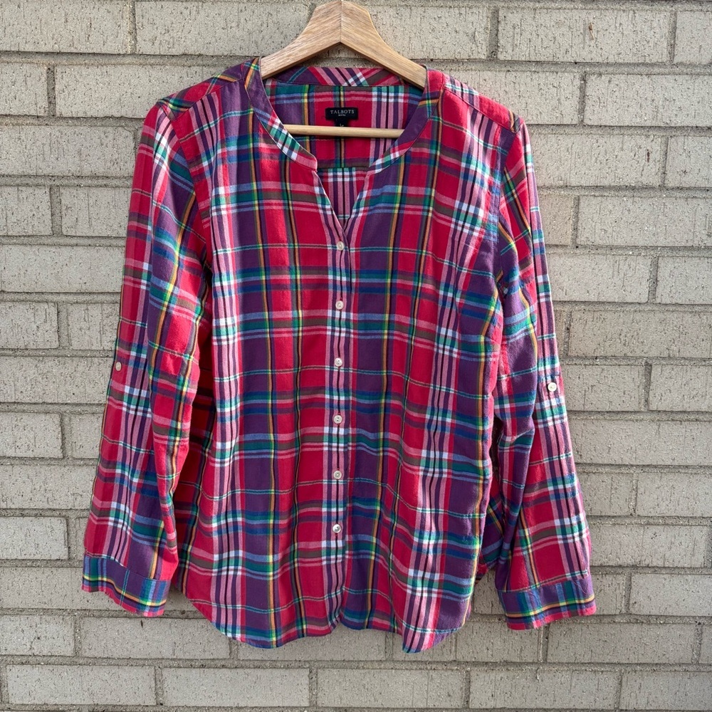Talbots Red Plaid Lightweight Flannel Shirt Large Petite